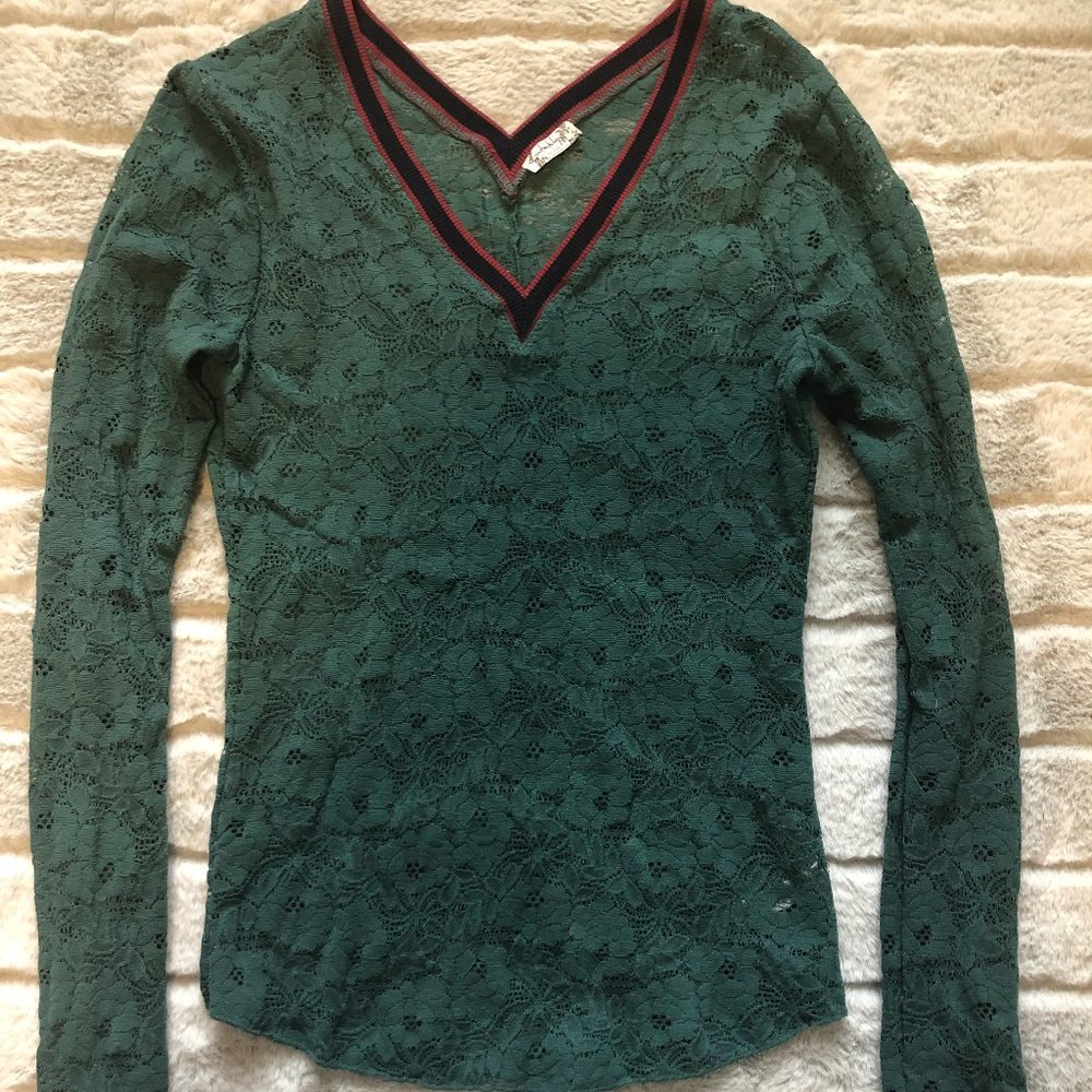 FREE PEOPLE LACE LONG SLEEVE TOP GREEN - SIZE XS
